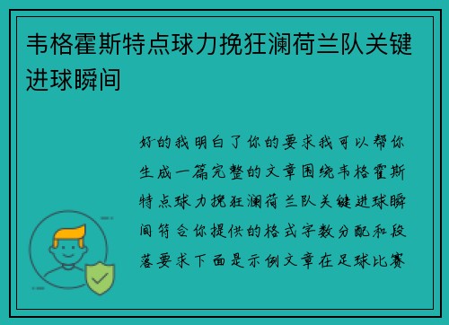 韦格霍斯特点球力挽狂澜荷兰队关键进球瞬间 韦格霍斯特点球力挽狂澜荷兰队关键进球瞬间